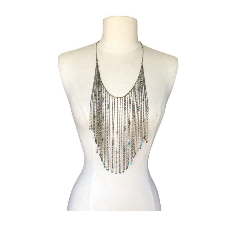 CN Signed Gunmetal Fringe Necklace Blue Bead Waterfall Bib Boho Statement